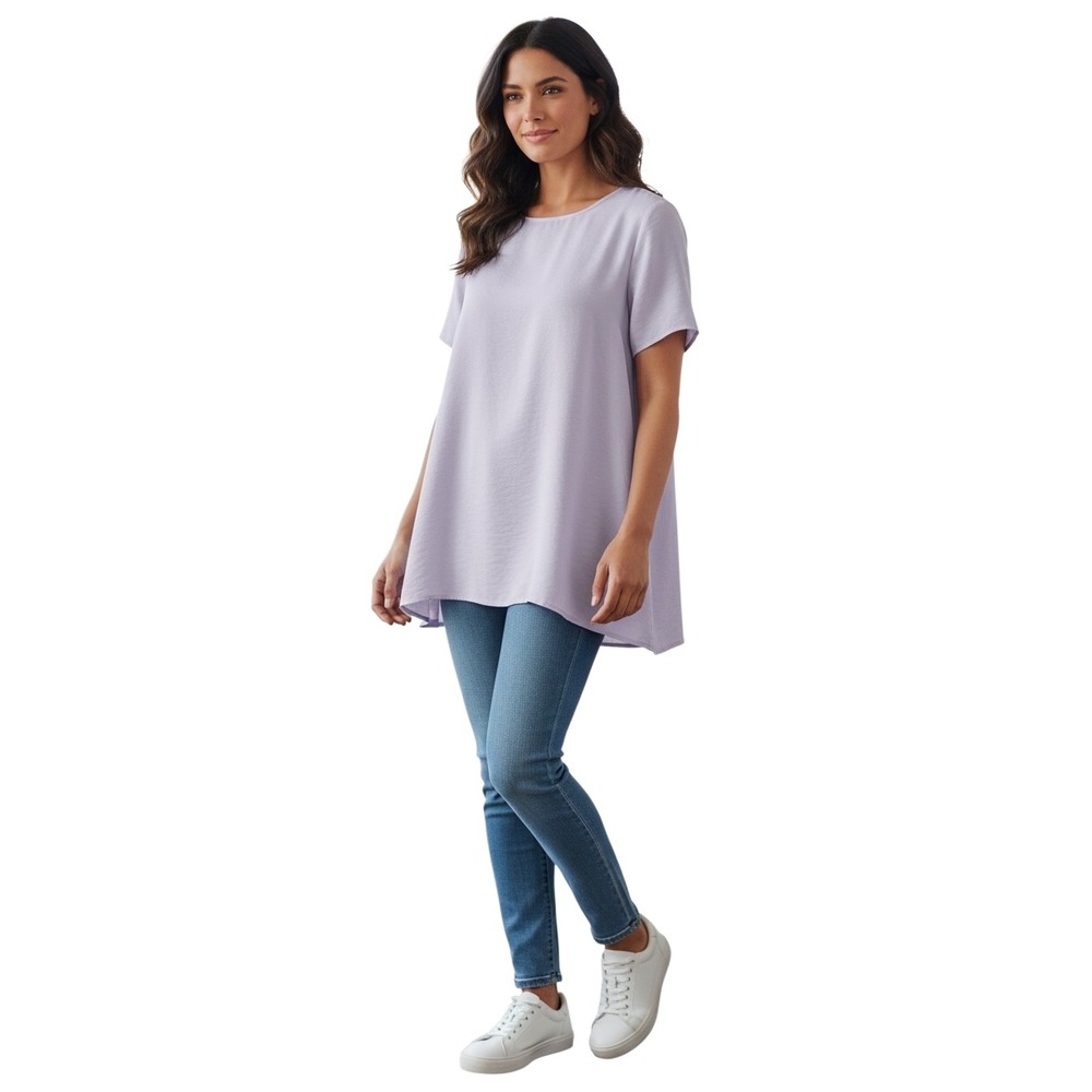 Eileen Fisher Lavender Sandwashed Tencel Tunic Top Purple Short Sleeve Large NWT